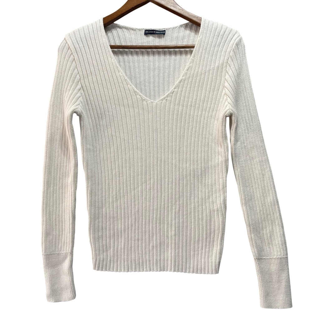 Brandy Melville Sweater Womens One Size White Ribbed V-Neck Long Sleeve Coquette